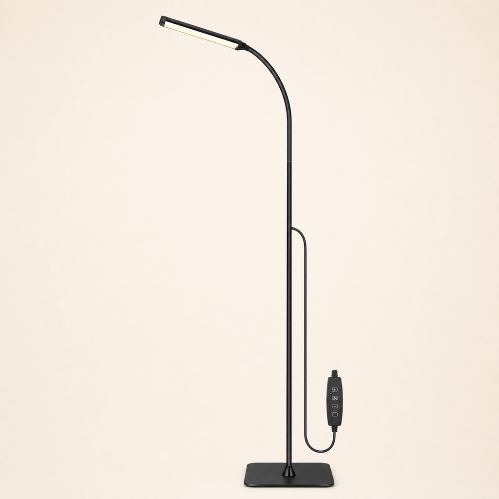Flexible gooseneck LED floor reading lamp on a warm neutral studio background