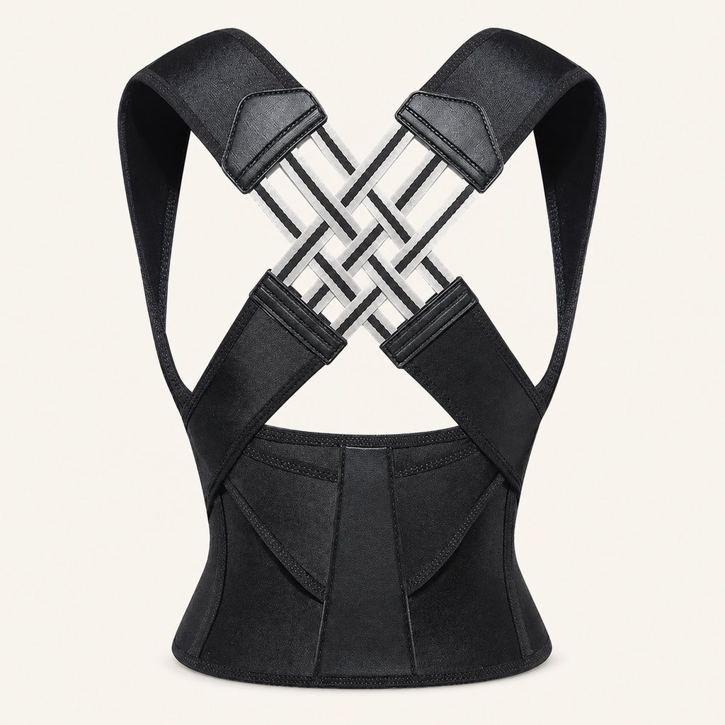 Black adjustable back posture corrector on a warm neutral studio background