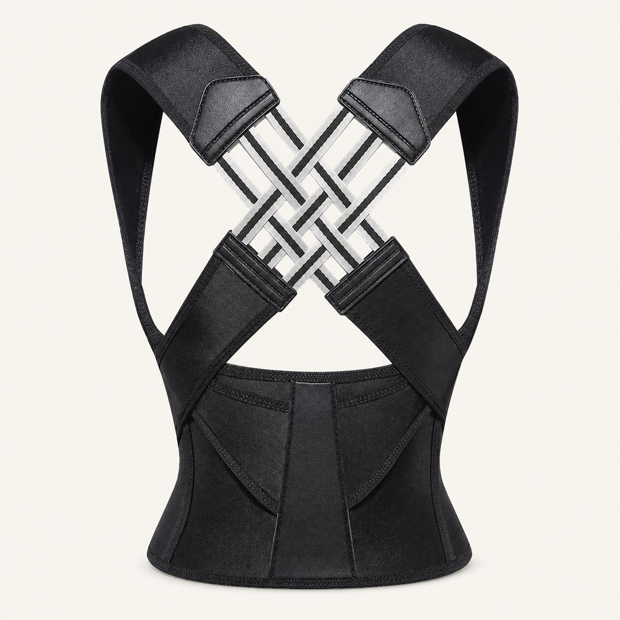 Black adjustable back posture corrector on a warm neutral studio background