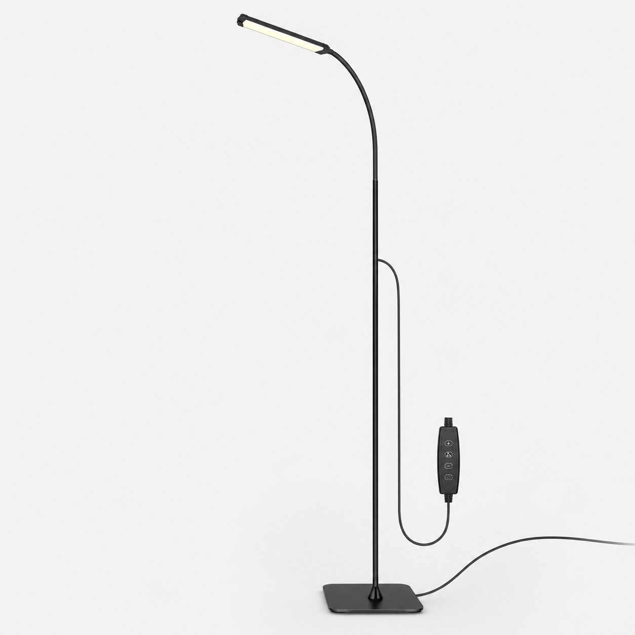 Flexible gooseneck LED floor lamp on a light gray studio background