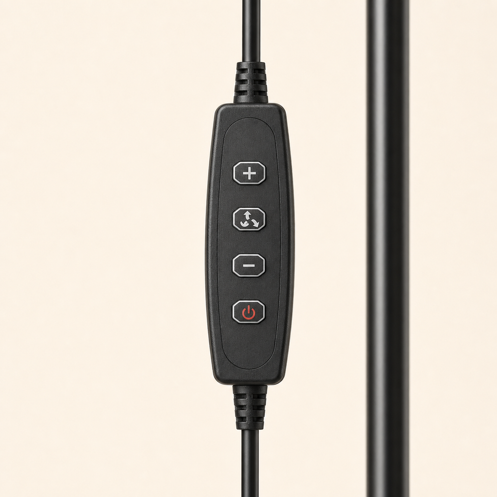 Close-up of the four-button inline floor lamp controller