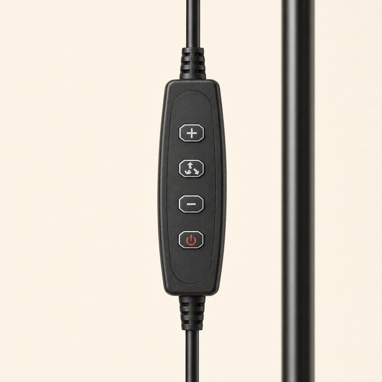 Close-up of the four-button inline floor lamp controller