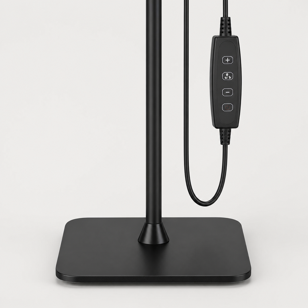 Close-up of the square metal lamp base and lower pole