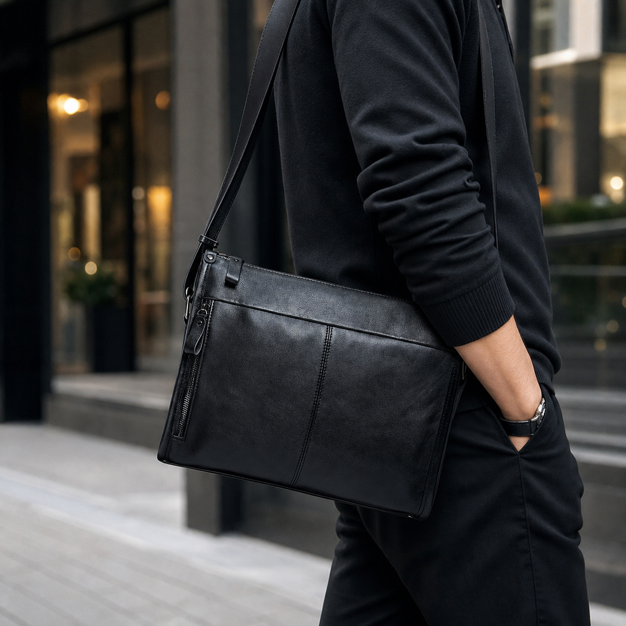 Black Genuine Leather Crossbody Shoulder Bag