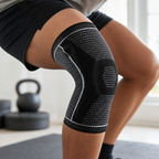 Exact black knit knee support sleeve worn during indoor training