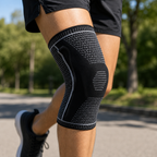 Exact black knit knee support sleeve worn while running