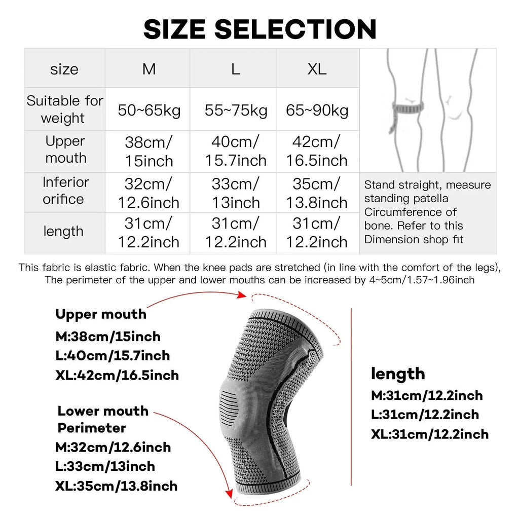 Knee support sleeve size guide with measurements