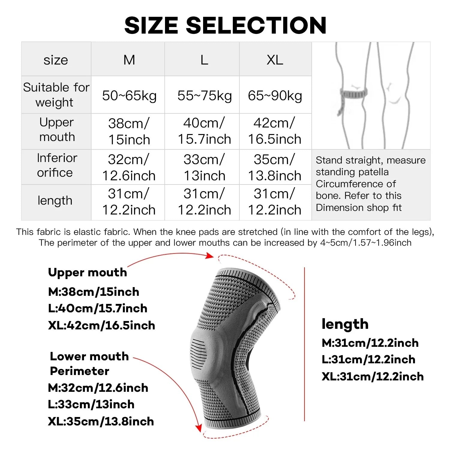Knee support sleeve size guide with measurements