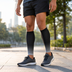 Runner wearing black and grey calf compression sleeves