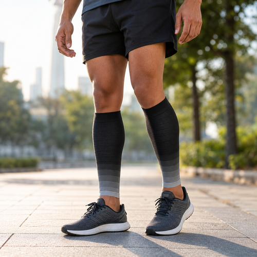 Runner wearing black and grey calf compression sleeves