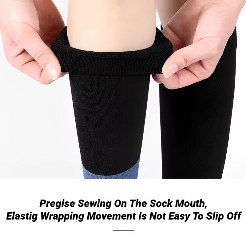 Wide elastic top band on calf compression sleeves