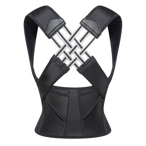 Black adjustable posture corrector with crossed elastic back support
