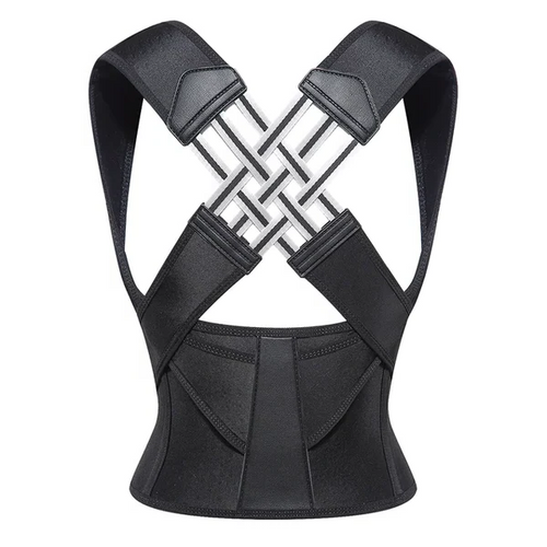 Black adjustable posture corrector with crossed elastic back support