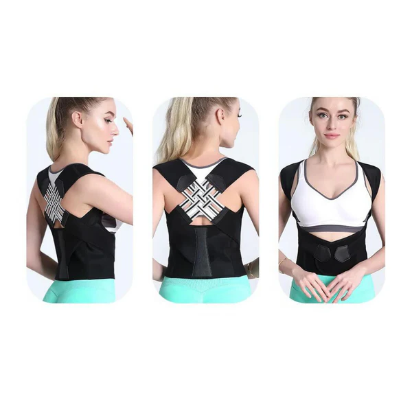 Adjustable posture corrector shown from side, back and front views
