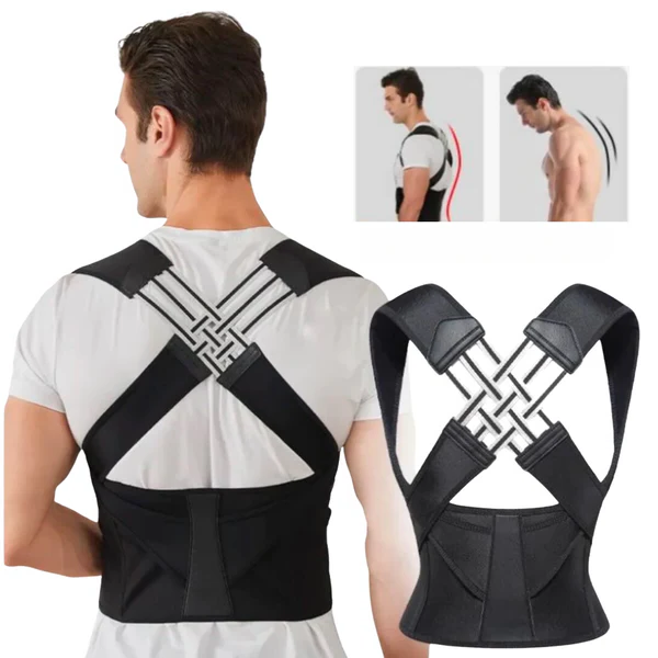 Black posture corrector shown on a model from the back