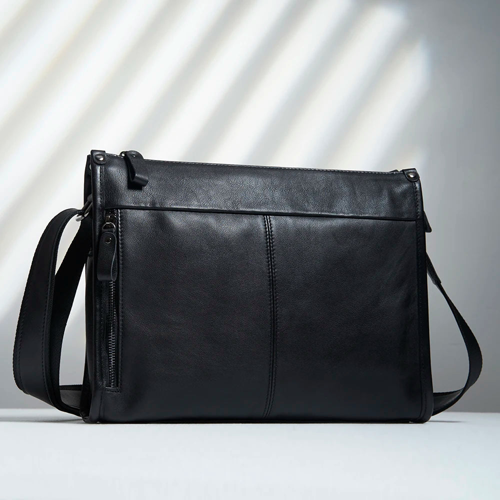 Leather crossbody bag worn over the shoulder