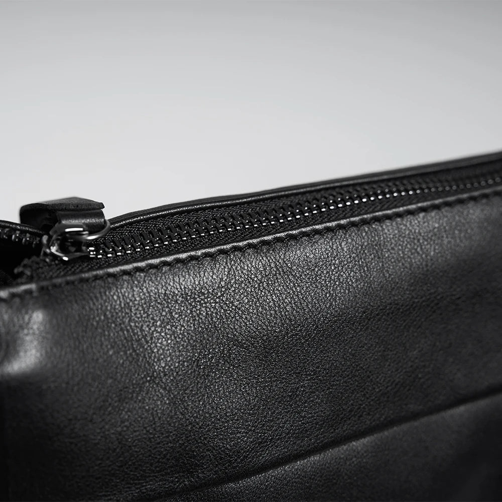 Black leather crossbody bag side and back views