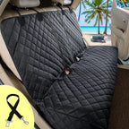 Dog car seat cover installed across a rear bench