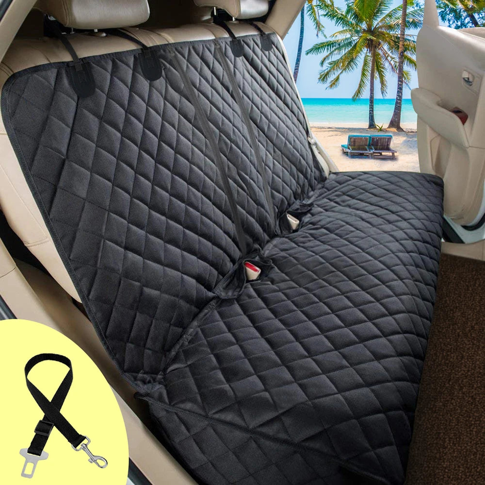 Dog car seat cover installed across a rear bench