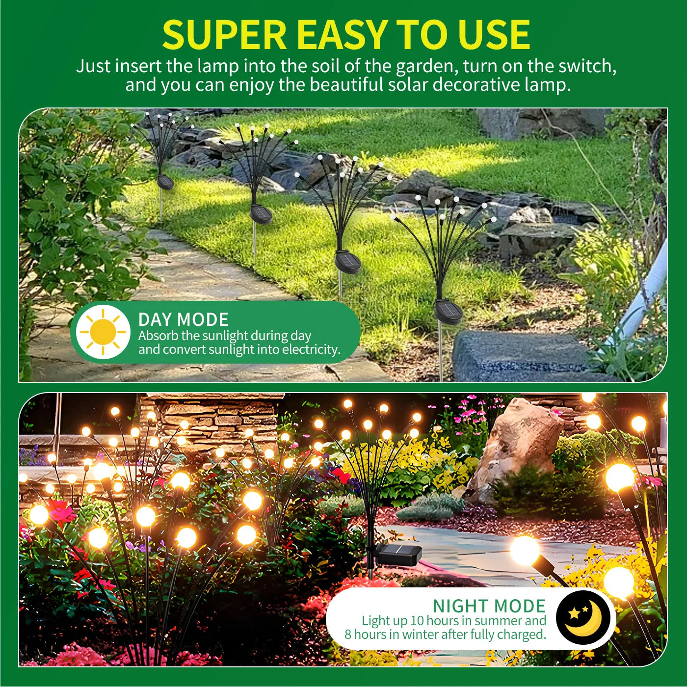 Flexible solar garden lights glowing outdoors