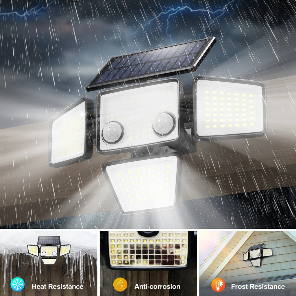 LED solar security light mounted outdoors