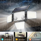 LED solar security light mounted outdoors