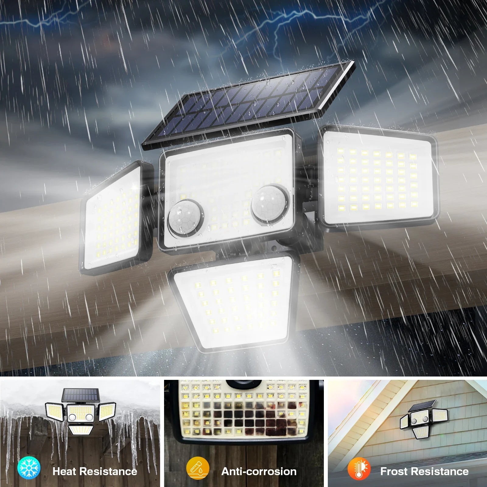 LED solar security light mounted outdoors