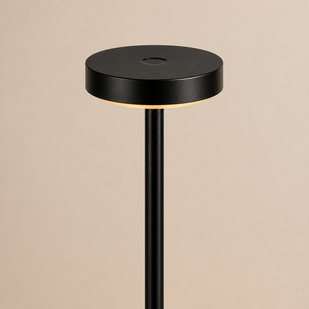 Close view of HaloStem touch control, lamp head, and slim metal stem