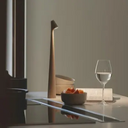 Cordless table lamp casting light beside a book and glass on a dining table
