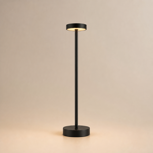Black Ovnus HaloStem cordless table lamp illuminated on a clean light background