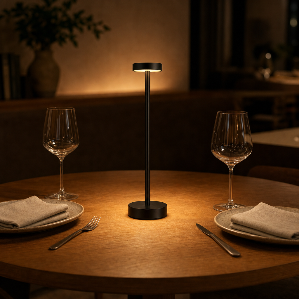 HaloStem cordless table lamp providing warm light on a dining table