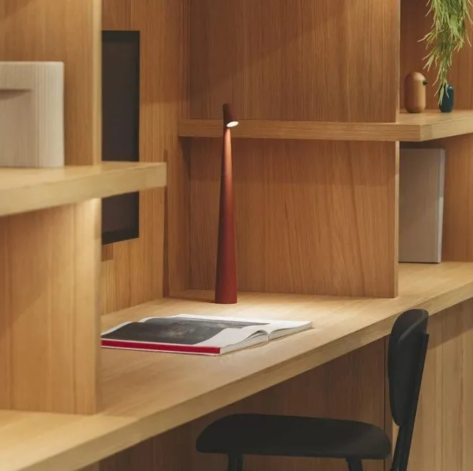 Brown HaloStem lamp lighting a wooden desk and open book