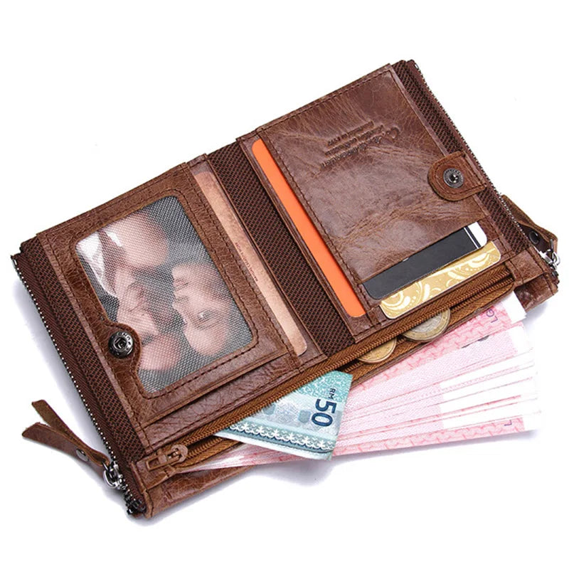 Zipper coin pocket on a men's leather wallet