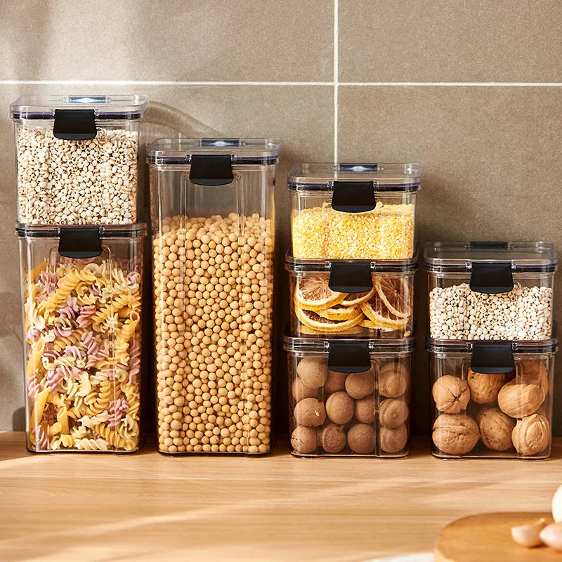 Stackable pantry food storage container with black lid