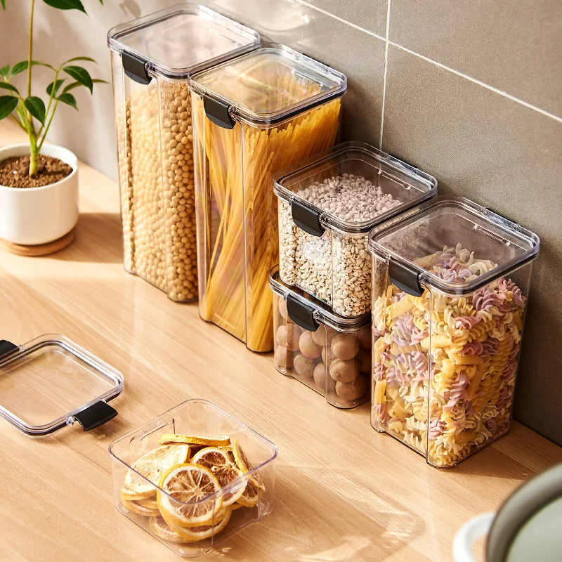Clear pantry container shown with dry food