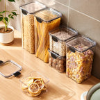 Clear pantry container shown with dry food