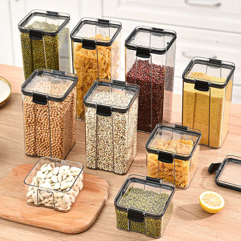 Clear food storage containers arranged for kitchen organization