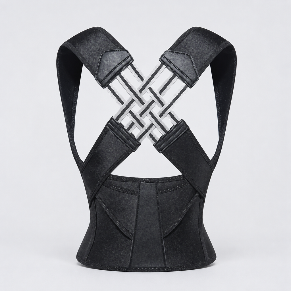 Black adjustable back posture corrector on a light gray studio background