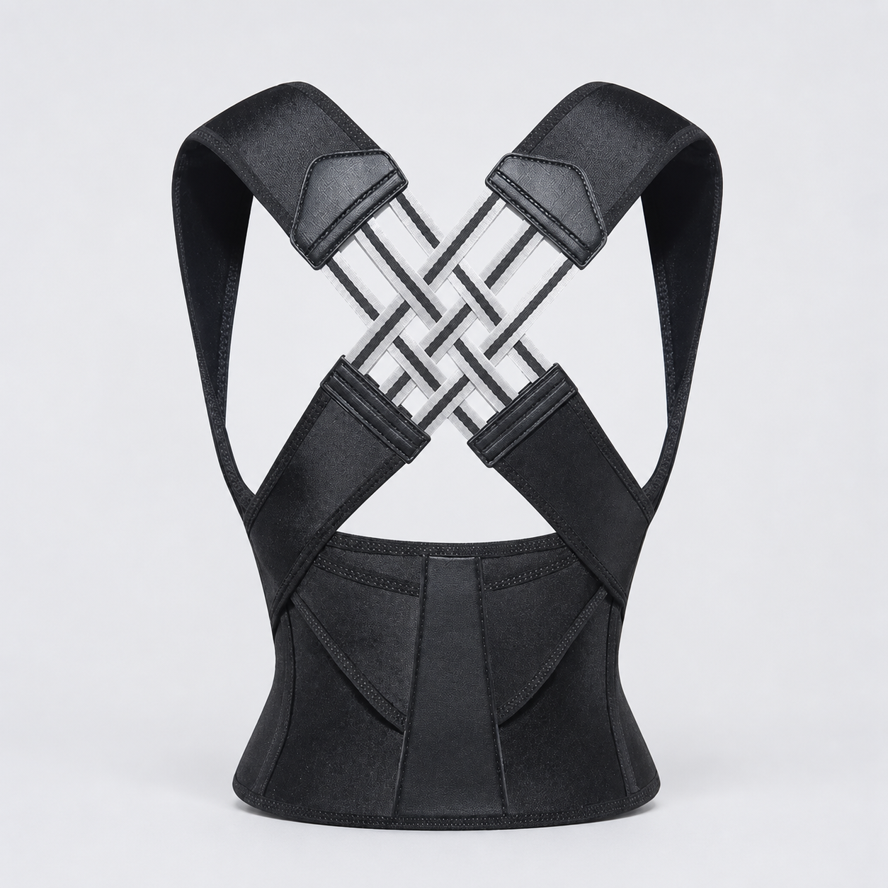 Black adjustable back posture corrector on a light gray studio background