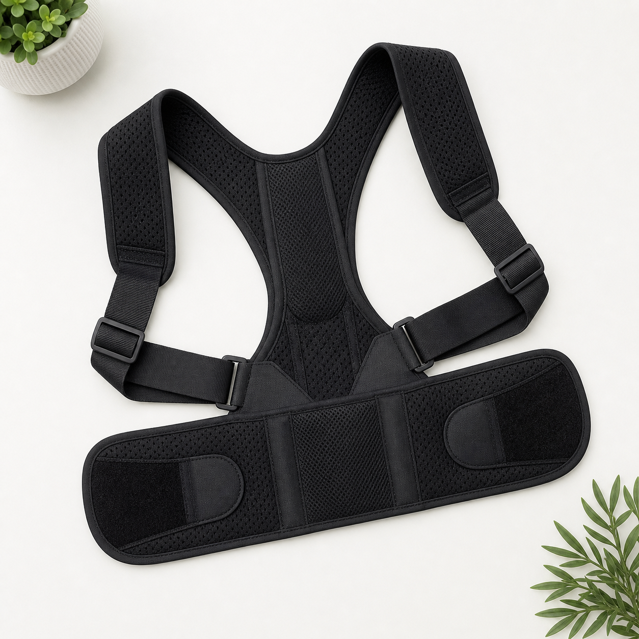 Flat lay of a black adjustable posture corrector with straps open
