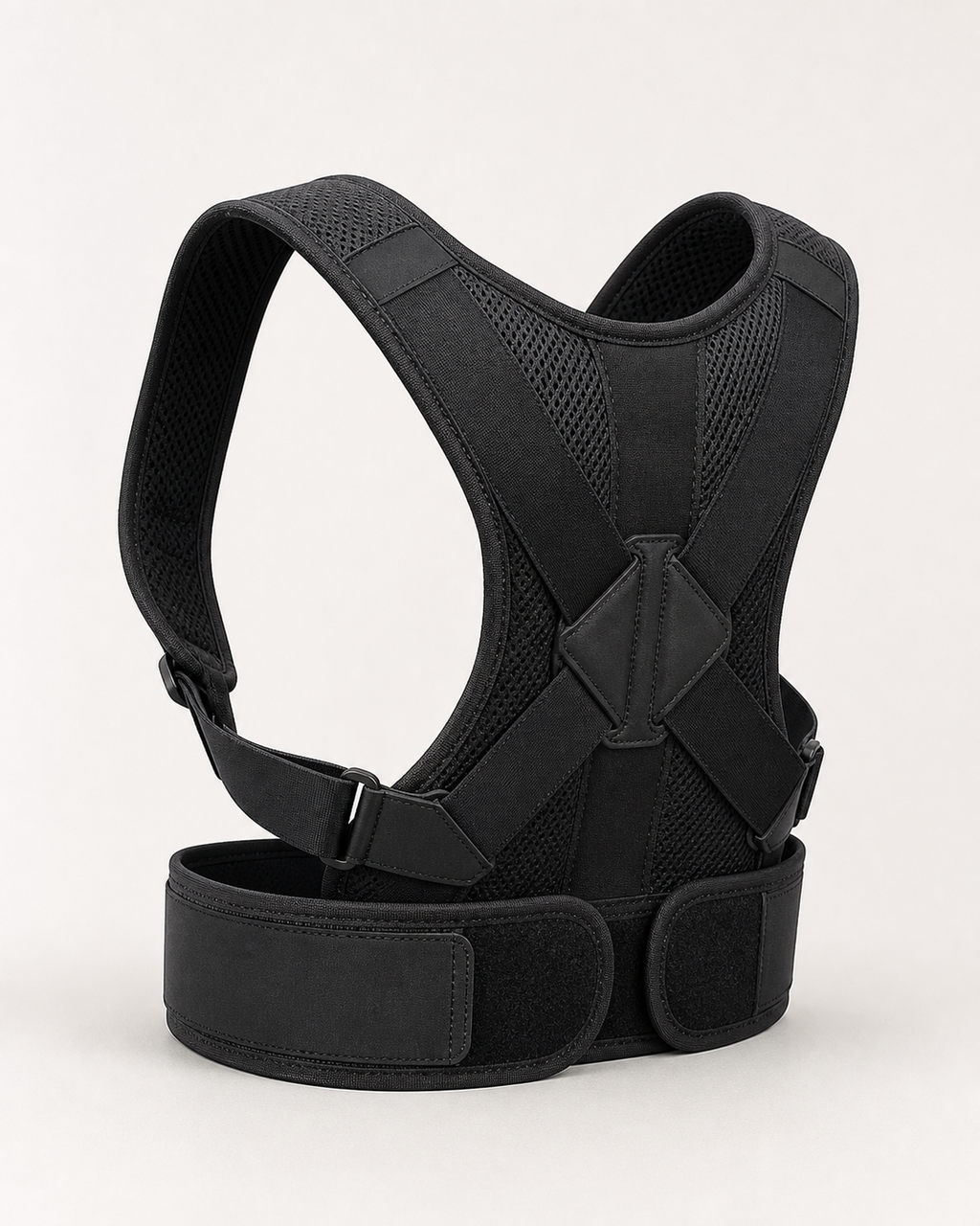 Black adjustable posture corrector back brace on a clean studio background