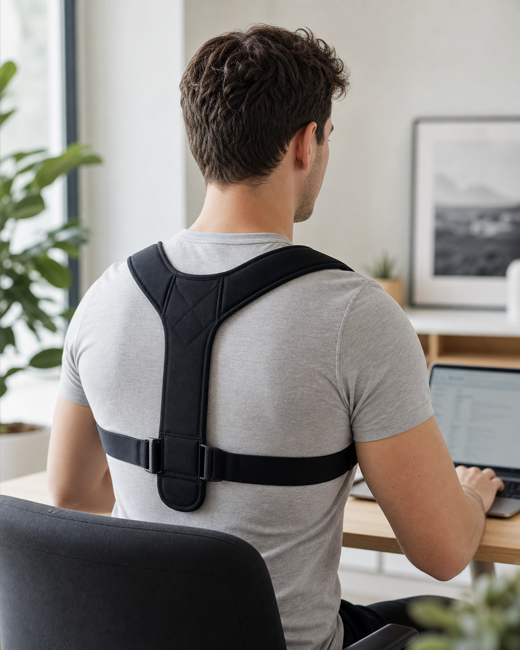 Desk worker wearing an adjustable posture corrector while seated at a laptop
