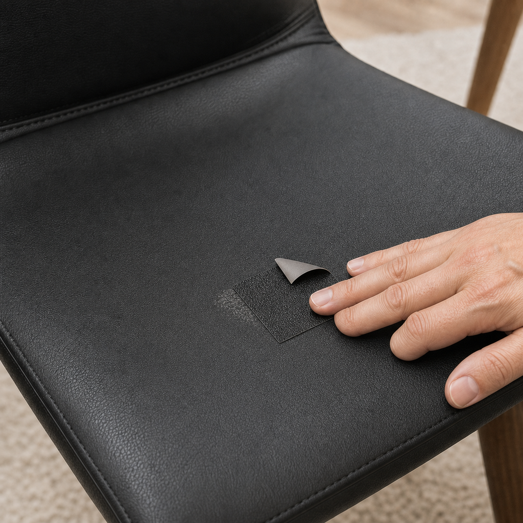 RestoreRoll repair sheet applied to a worn faux leather chair cushion
