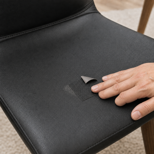 RestoreRoll repair sheet applied to a worn faux leather chair cushion
