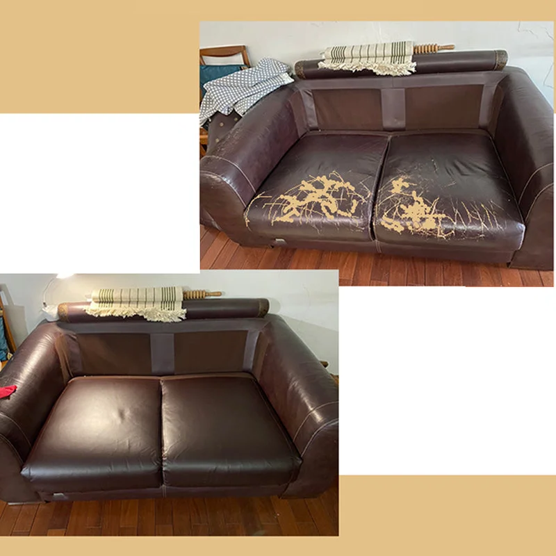 Brown sofa shown before and after application of a matching repair sheet