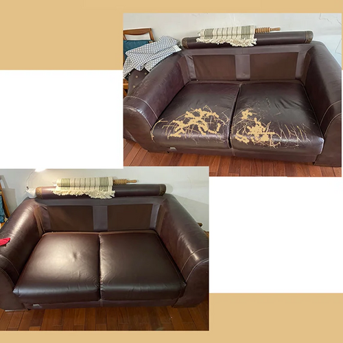 Brown sofa shown before and after application of a matching repair sheet