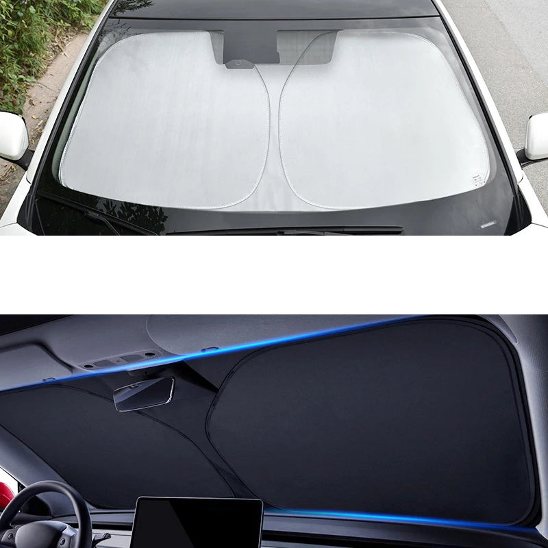 Car sun shade shown inside a windshield