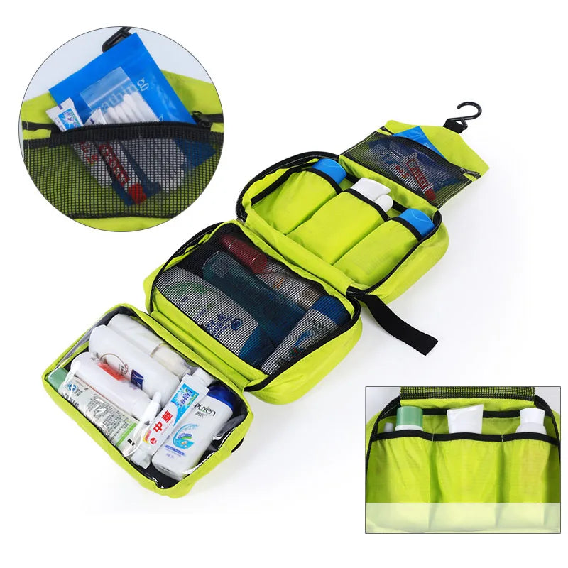 Toiletry bag opened with organized compartments