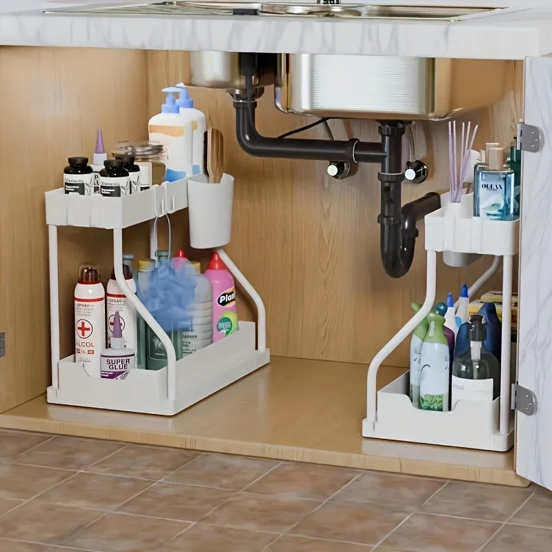 Under-sink organizer installed in a cabinet