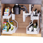 Sliding lower drawer on a two-tier cabinet organizer